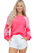 Strawberry Pink Heart Shape Striped Patchwork Long Sleeve Loose Top