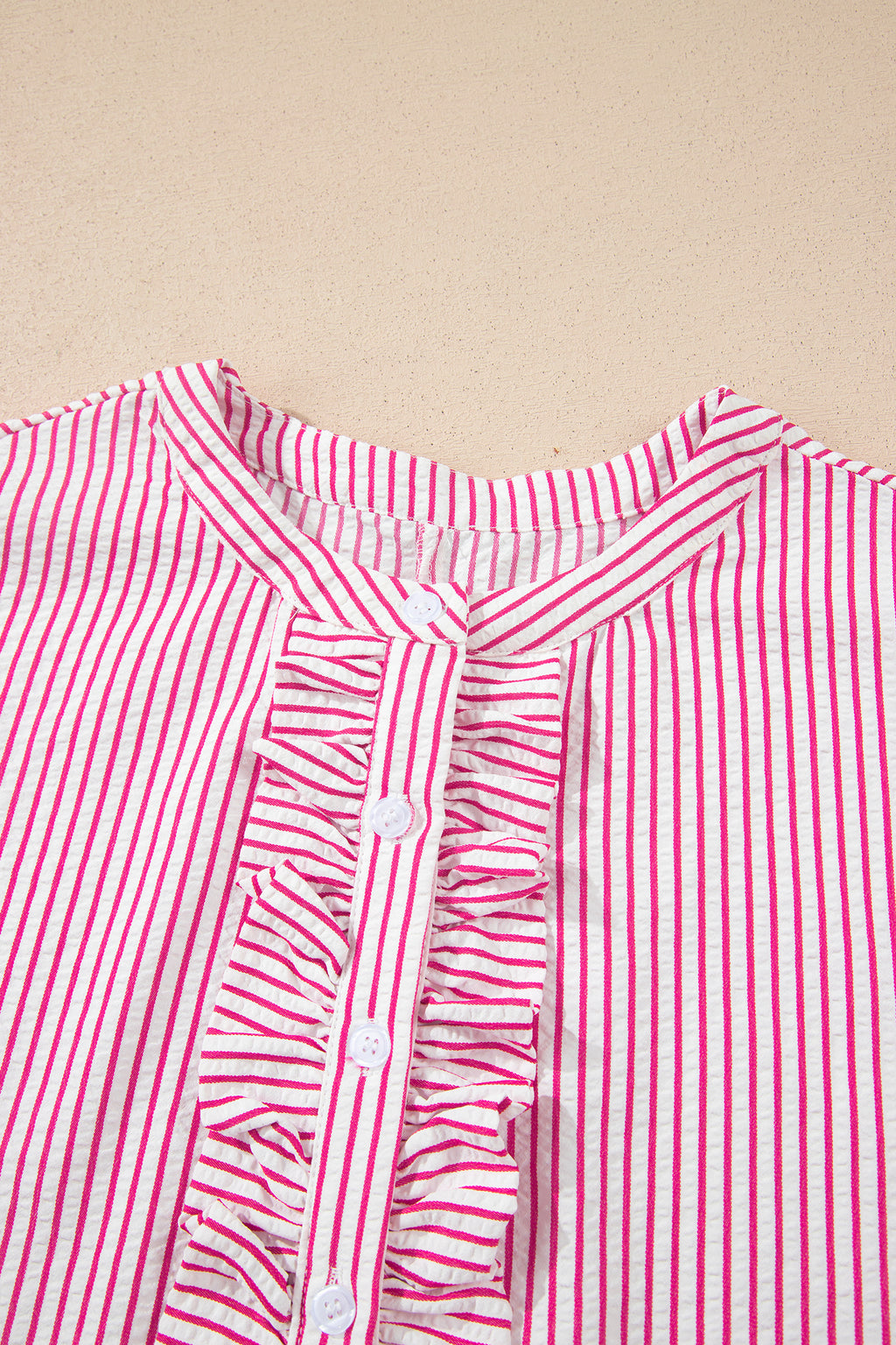 Striped Frilled Detail Half Buttons Short Sleeve Long Dress