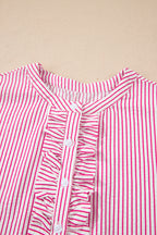 Striped Frilled Detail Half Buttons Short Sleeve Long Dress