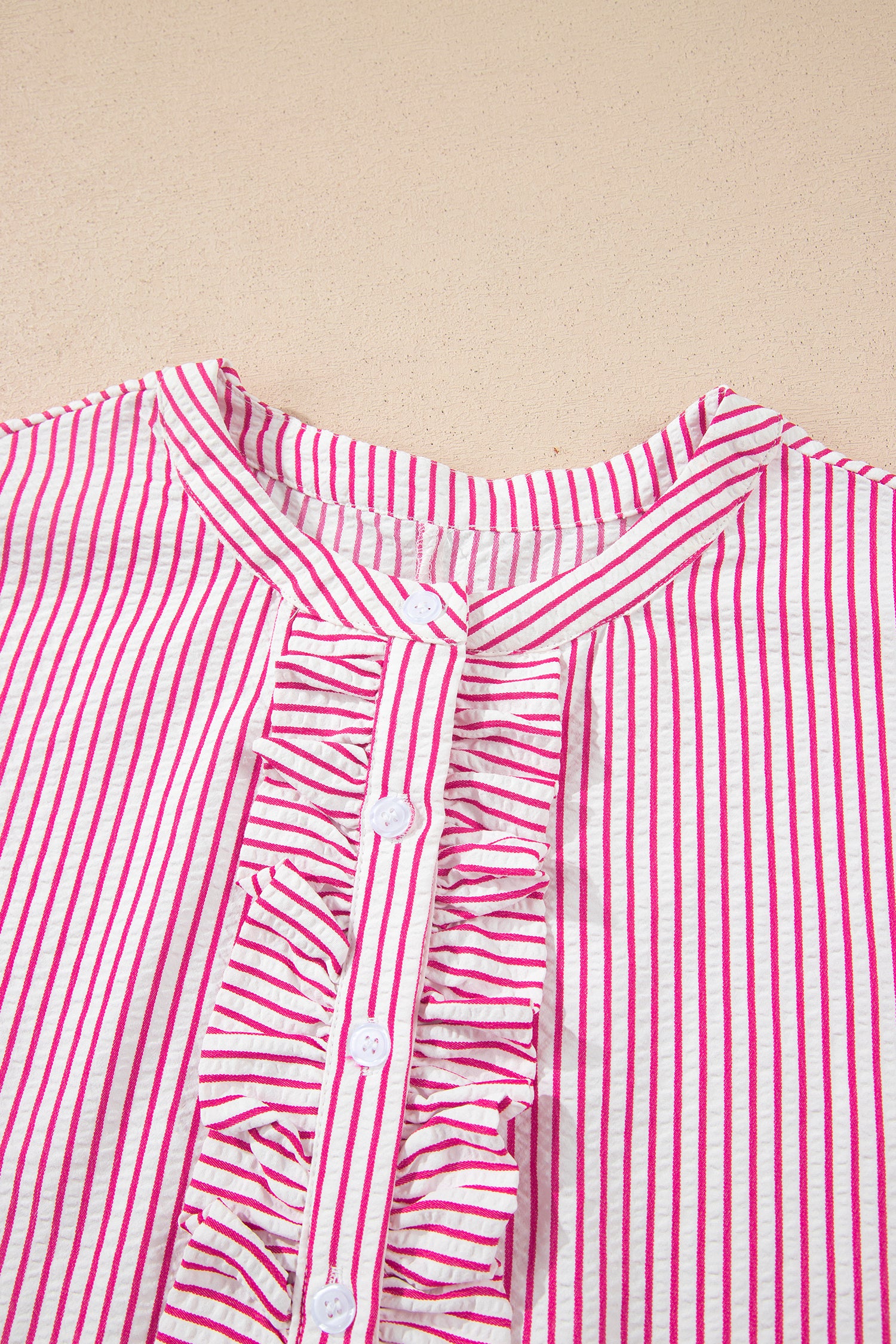 Striped Frilled Detail Half Buttons Short Sleeve Long Dress