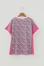 Pink Leopard Striped Patchwork Side Slit Loose Short Sleeve Top