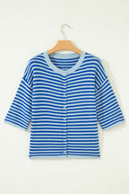 Blue Stripe Loose Half Sleeve Knit Button Down Sweater Cardigan