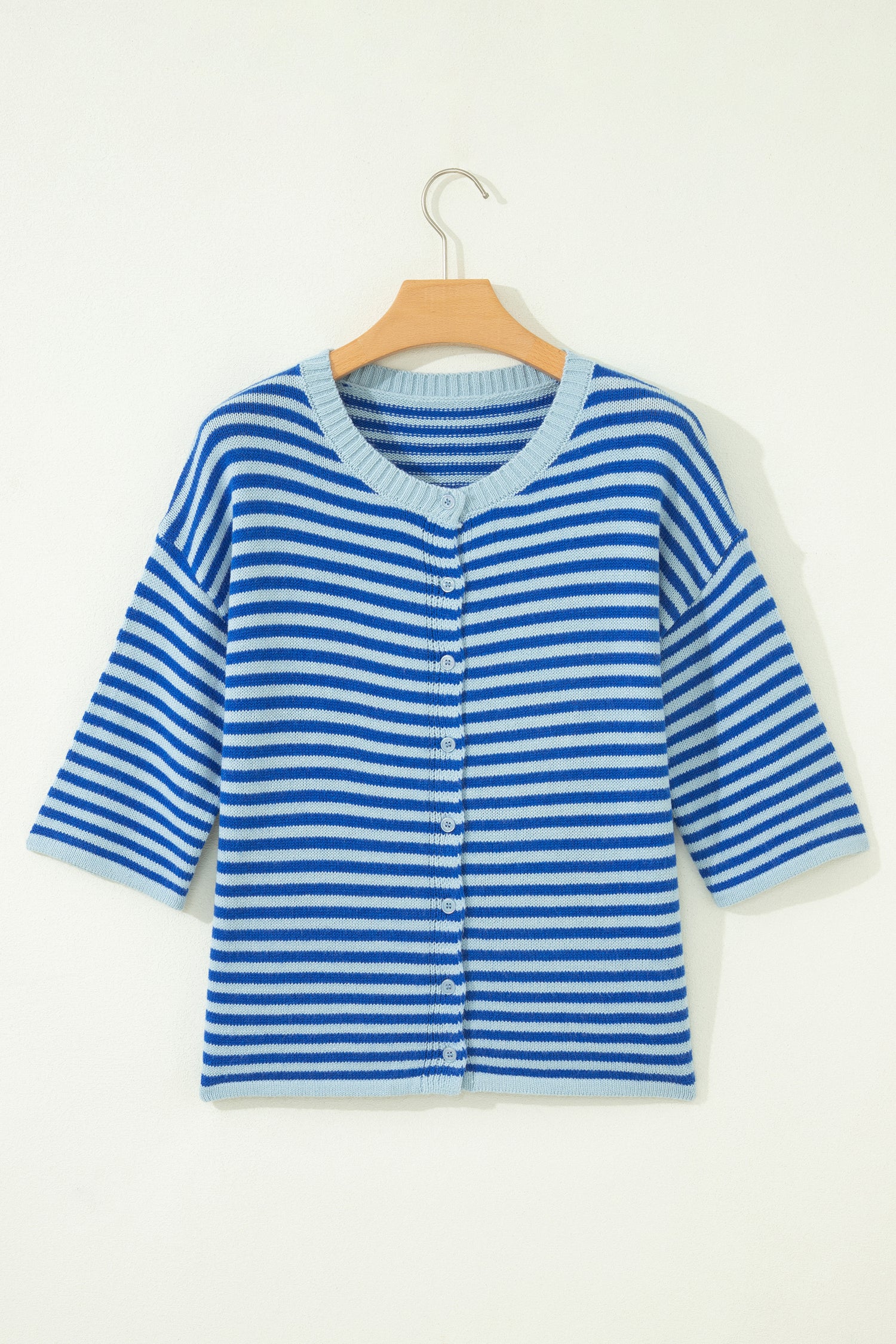 Blue Stripe Loose Half Sleeve Knit Button Down Sweater Cardigan