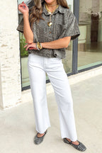 Grey Vintage Leopard Print Short Sleeve Loose Cotton Denim Shirt