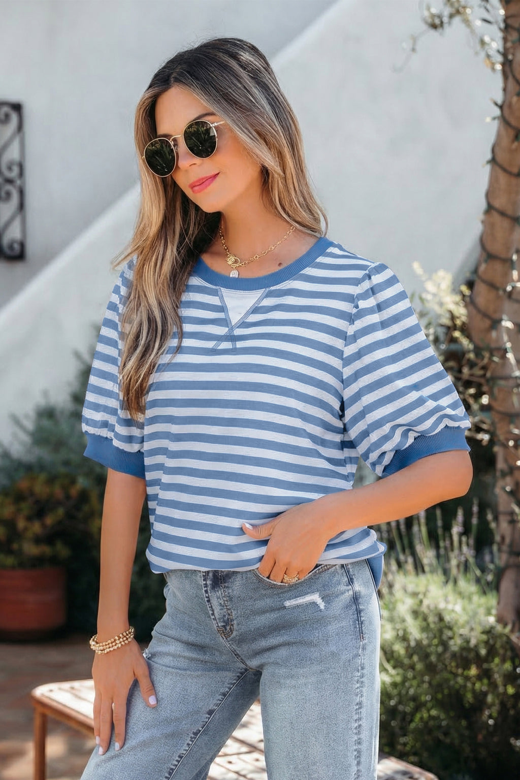 Striped Short Bubble Sleeve T Shirt