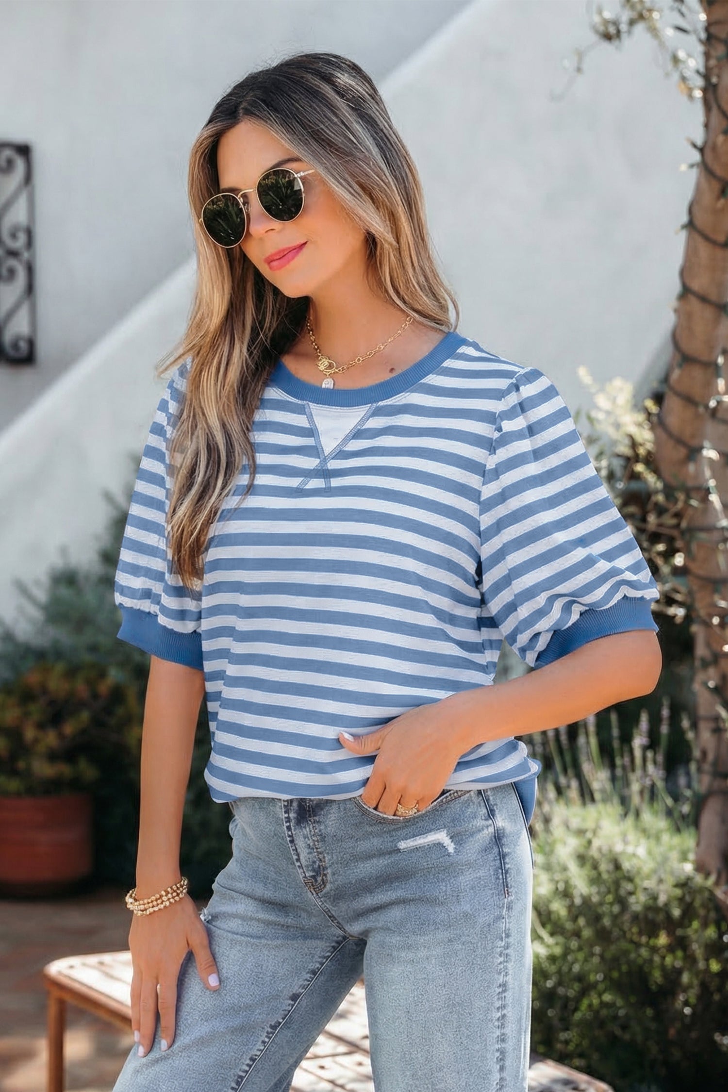 Striped Short Bubble Sleeve T Shirt