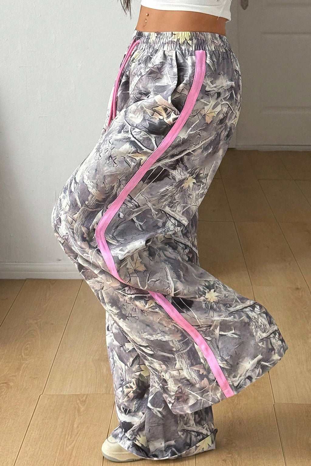 Grey Camo Woodland Print Colour Block Detail Drawstring Wide Leg Sweatpants
