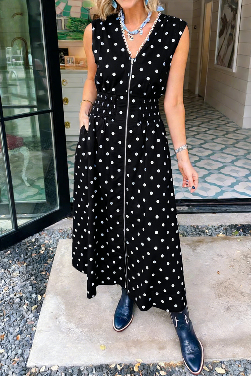 Polka Dot Print Contrast Trim V Neck Zip Up Sleeveless Dress