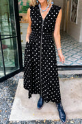 Polka Dot Print Contrast Trim V Neck Zip Up Sleeveless Dress