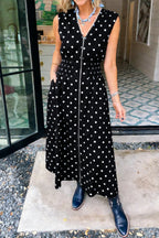 Polka Dot Print Contrast Trim V Neck Zip Up Sleeveless Dress