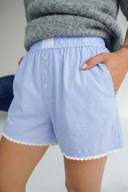 Sky Blue Gingham Plaid Button Detail Lace Trim Boxer Shorts