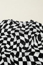 Black Checkered Print Mock Neck Mesh T Shirt