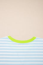Striped Contrast Neck Loose Tee and Drawstring Shorts Set