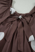 Brown Polka Dot Print Knot Back Short Puff Sleeve Loose Mini Dress