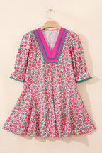 Pink Floral Print V Neck Patchwork Short Bubble Sleeve Mini Dress