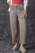 Leopard Printed Drawstring Elastic Waistband Pocketed Wide Leg Jeans