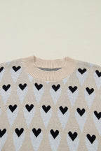 Parchment Geometric Heart Print Ribbed Trim Loose Sweater