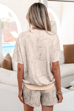 Khaki Abstract Print V Neck Loose Tee Drawstring Shorts 2pcs Outfit