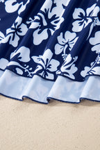 Blue Floral Print Patchwork Bow Knot Detail Sleeveless Swim Dress