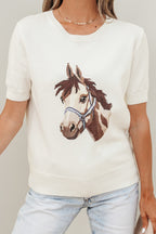 White Wild West Horse Head Printed Short Sleeve Sweater