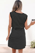 Black Stripe Drawstring Tunic Tank Mini Dress with Pockets