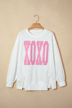 White Bow Sequin XOXO Letter Graphic Exposed Seam Baggy Sweatshirt