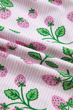 Pink Striped Strawberry Printed Color Block Patchwork V Neck Flutter Sleeve Blouse