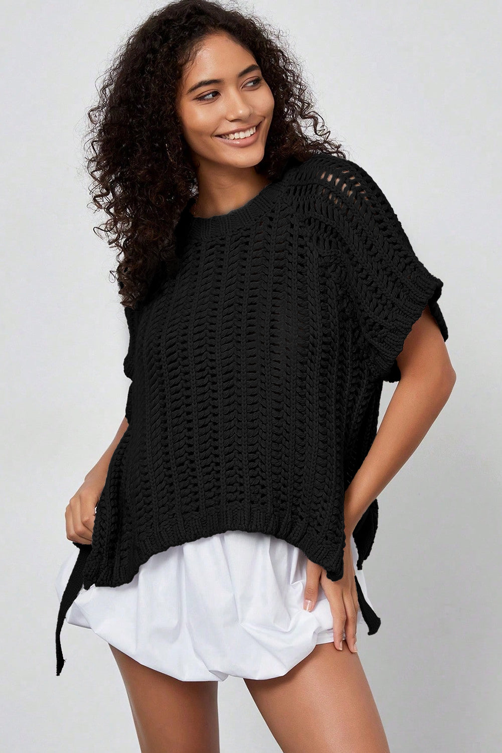 Plus Size Open Knit Bow Tie Short Sleeve Sweater