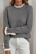 Lace Trim Patchwork Buttoned Cuffs Loose Sweater