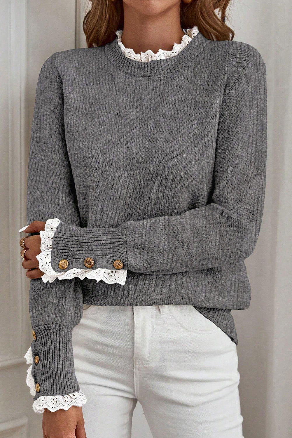 Lace Trim Patchwork Buttoned Cuffs Loose Sweater