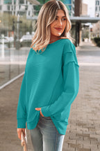 Horizontal Ribbed Exposed Seam Detail Drop Shoulder Baggy Pullover