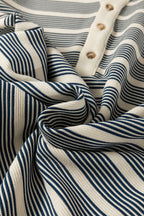 Blue Stripe Ruffled Short Sleeve Contrast Trim Button Notched Neck Midi Dress