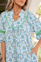 Sky Blue Boho Paisley Print Contrasted Patchwork Detail Bracelet Sleeve Loose Mini Dress