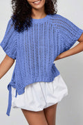 Plus Size Open Knit Bow Tie Short Sleeve Sweater