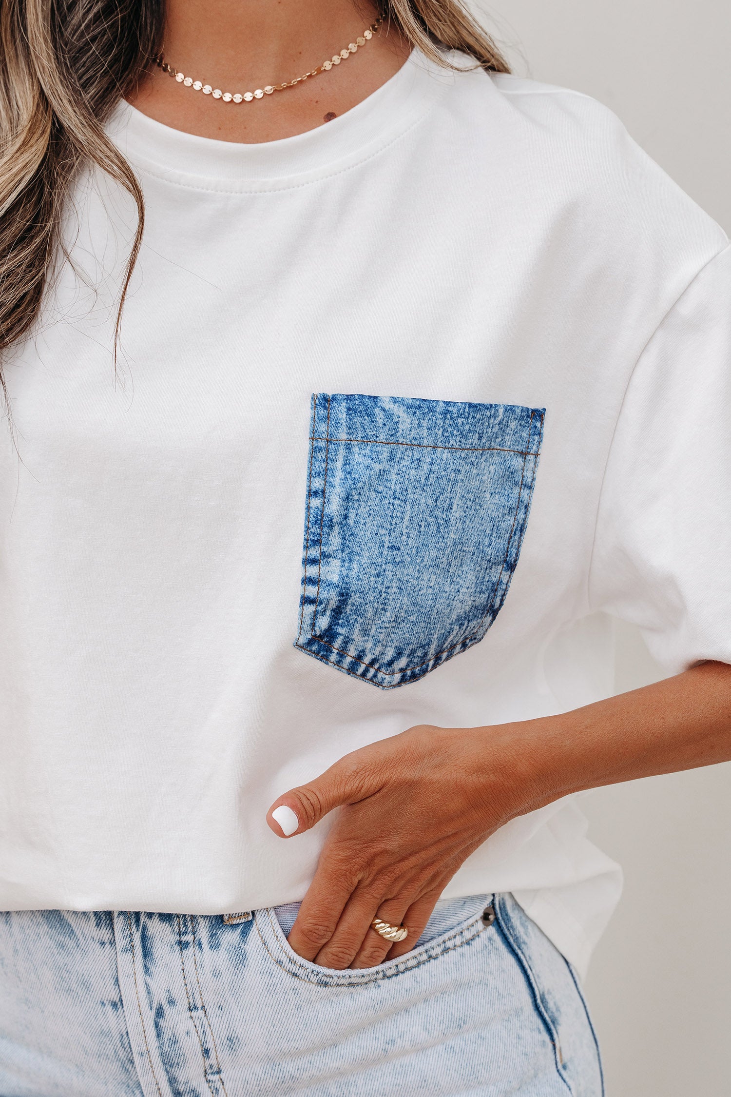 Color Block Chest Pocket Patched Casual Short Sleeve Top