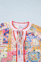 Red Mixed Print V Neck Short Sleeve Blouse