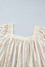 Multicolour Floral Print Contrast Ribbon Bow Lace Trim Square Neck Mini Dress