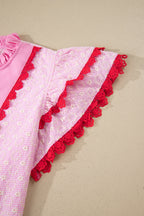 Eyelet Embroidered Flower Texture Contrast Lace Trim Flutter Sleeve Blouse