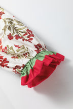 Floral Print Frilled Color Block Trim V Neck Long Sleeve Peplum Top