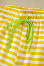 Striped Contrast Neck Loose Tee and Drawstring Shorts Set
