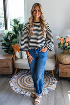 Striped Print Drop Shoulder Lace Trim Bracelet Sleeve Loose Top