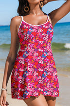 Floral Print Ricrac Trim Spaghetti Strap One Piece Swim Dress