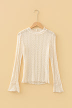 Apricot Flounced Long Sleeve Mock Neck Sheer Lace Top