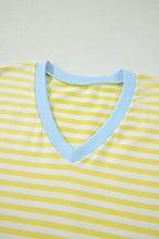 Yellow Stripe Colorblock Trim V Neck Tee Drawstring Elastic Waist Short Set