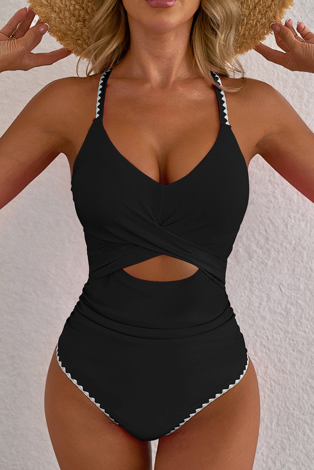 Ric Rac Trim Contrasted Patchwork Cutout One Piece Swimsuit