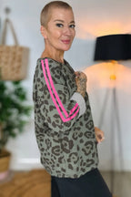 Leopard Print Varsity Striped Trim Long Sleeve Top