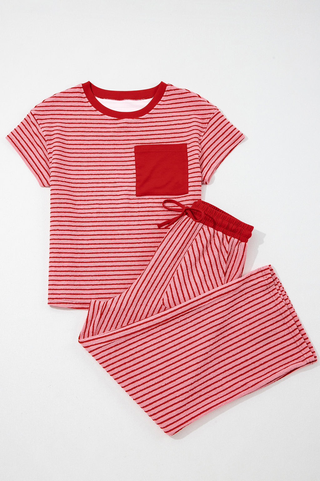 Striped Crew Neck Tee Drawstring Waist Cropped Pants Set