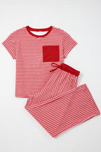 Striped Crew Neck Tee Drawstring Waist Cropped Pants Set