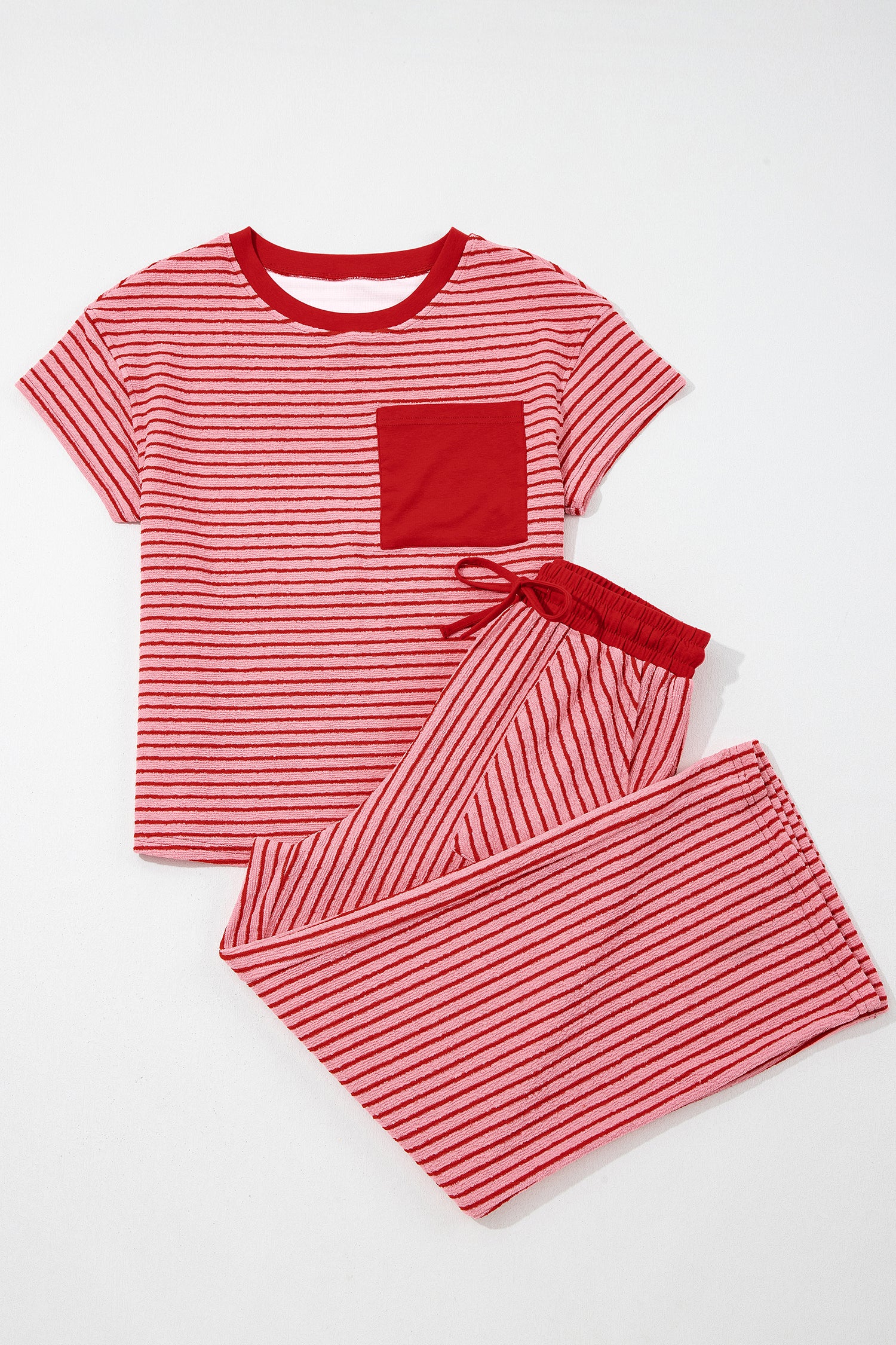 Striped Crew Neck Tee Drawstring Waist Cropped Pants Set