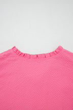 Sachet Pink Frilled V Neck Flower Embroidered Puff Sleeve Textured Blouse